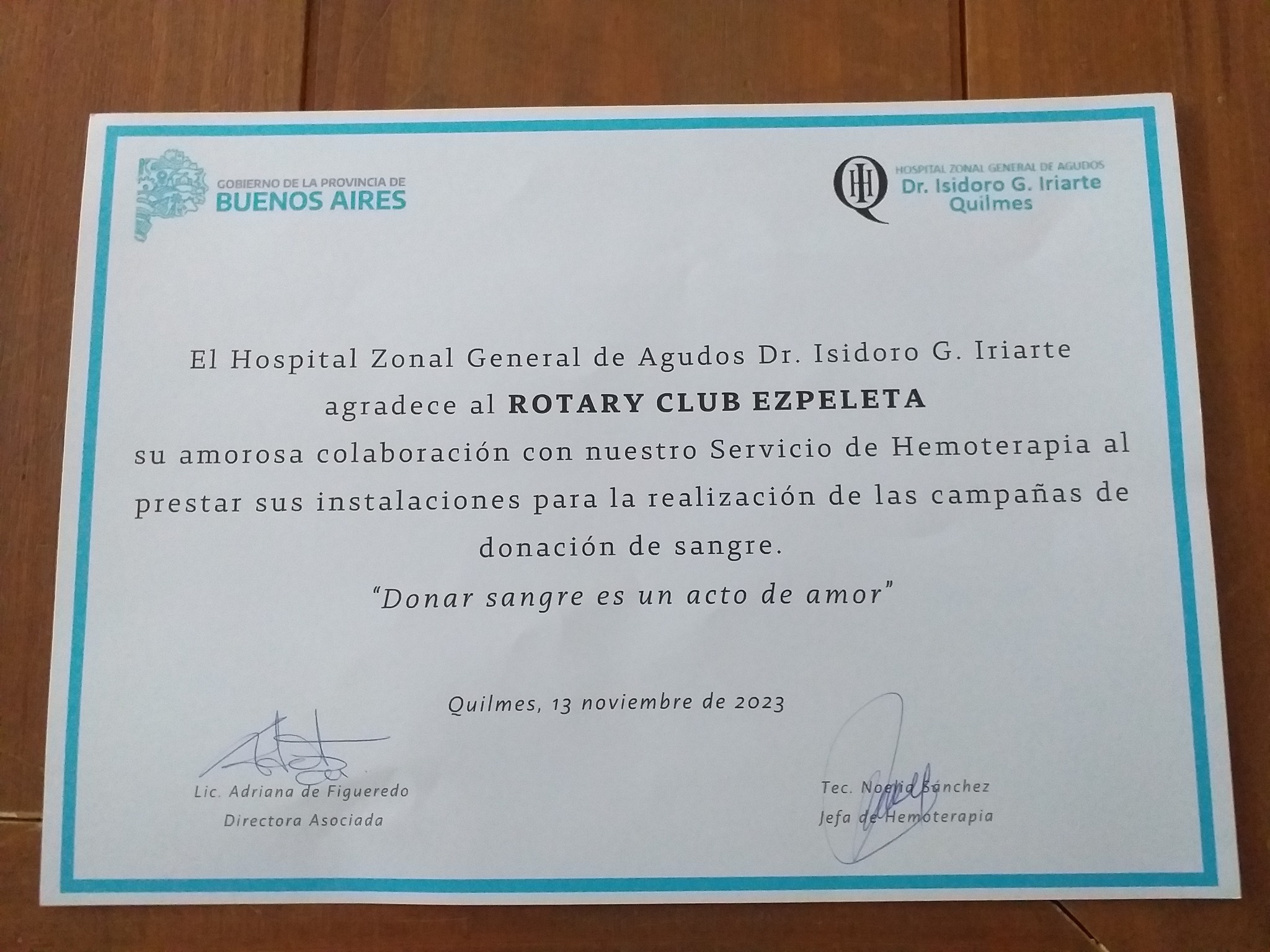 Reconocimiento para Rotary Club Ezpeleta
